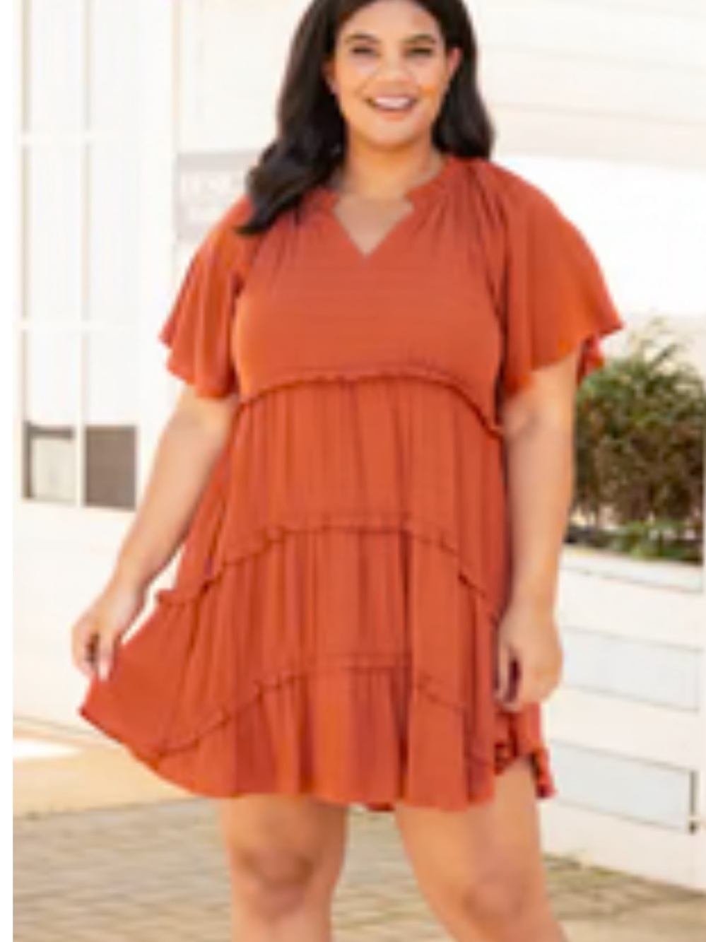 Chic Soul Rust Tiered Flutter Sleeve Mini Dress